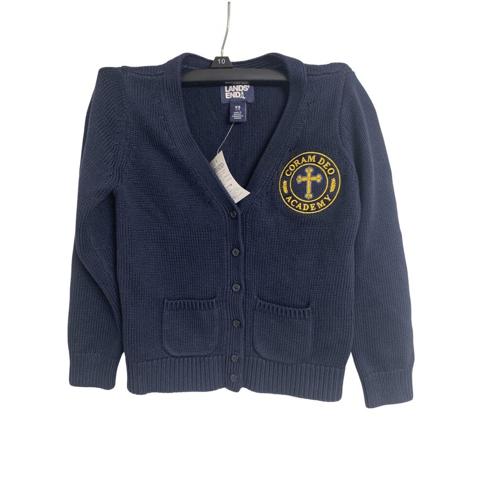 NWT Lands End‎ Coram Deo Academy Embroidered Preppy Cardigan XS 4-5 Cotton